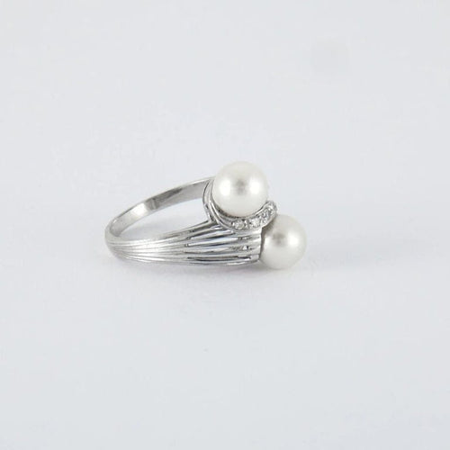 Bague 54 Bague Toi et Moi en or gris 18k, perles de culture et diamants 58 Facettes ALGU20