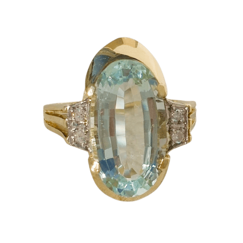 Bague 54 Bague Art déco en or jaune 14 carats avec aquamarine et diamants 58 Facettes