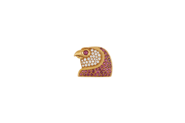 Broche Oro Giallo Broche tête d’aigle en or jaune 14 ct rubis et diamants 58 Facettes spl77