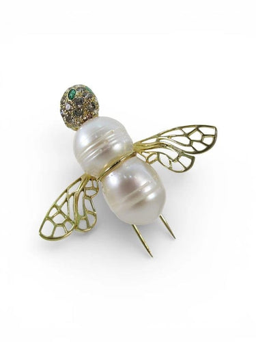 Broche Broche L’Abeille en or jaune 18k, diamants, émeraudes et perle d’eau douce 58 Facettes