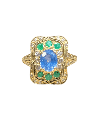Bague 53 Bague entourage Pompadour en or jaune 18 carats saphir, tanzanites et diamants 58 Facettes