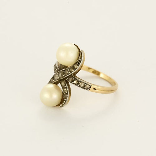 Bague 53.5 Bague Toi et Moi en or jaune et argent, perles et diamants taillés en rose 58 Facettes MON0919