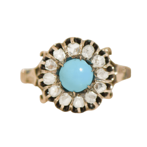 Bague 55 Bague Biedermeier - Bague en or jaune 14K avec turquoises et diamants 58 Facettes 3230-7