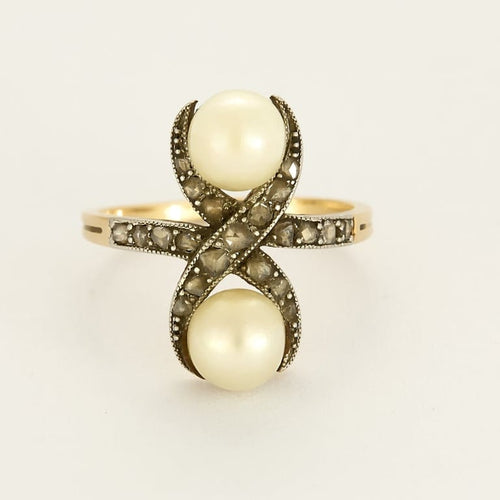 Bague 53.5 Bague Toi et Moi en or jaune et argent, perles et diamants taillés en rose 58 Facettes MON0919