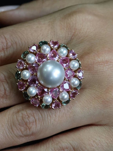 Bague 54 Bague de cocktail Perles Saphirs de couleur 58 Facettes 2976