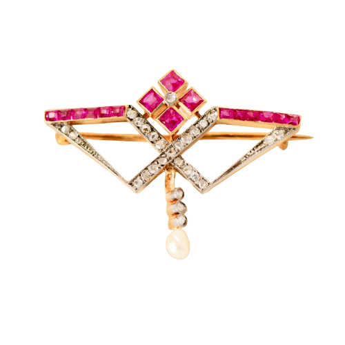 Broche Brosche ancienne en or jaune 750 avec rubis, diamants et perle 58 Facettes