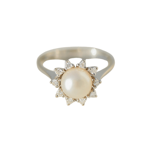 Bague 54 Bague vintage en or blanc 14 carats avec perle Mabé et diamants 58 Facettes