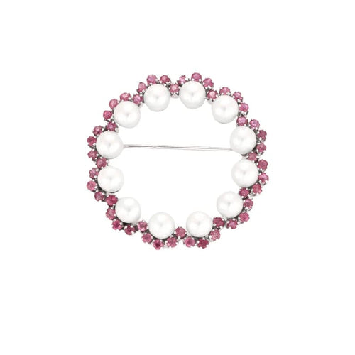 Broche Broche or blanc sertie de perles de culture et saphirs roses 58 Facettes