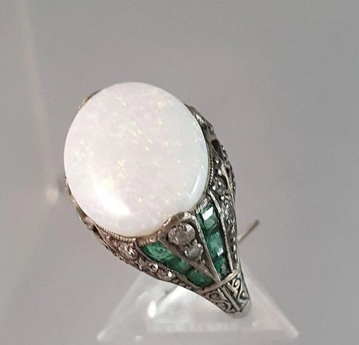 Bague 55 Bague Art Déco Argent Opale Emeraudes Diamants 58 Facettes
