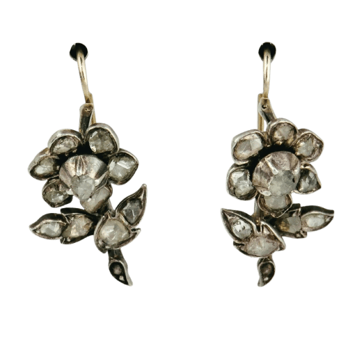 Boucles d'oreilles Boucles d’oreilles pendantes géorgiennes - Fleurs en or 14 carats et diamants taille rose 58 Facettes 180