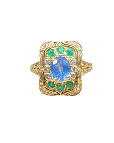 Bague 53 Bague entourage en or jaune 18 carats au saphir, tanzanites et diamants 58 Facettes Hh