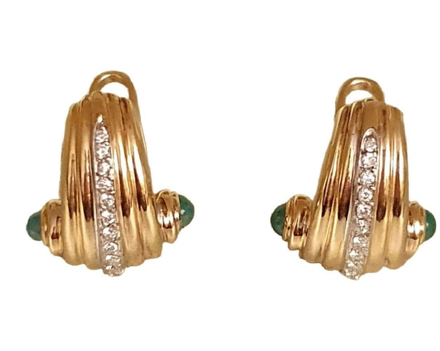 Boucles d'oreilles CLIPS OR JAUNE - 1 LIGNE DE DIAMANTS et 2 CABOCHONS d'EMERAUDES 58 Facettes R 1631 Maee
