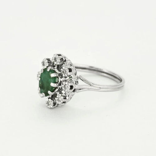 Bague 53 Bague marguerite or blanc, émeraude et diamants 58 Facettes EPI10662