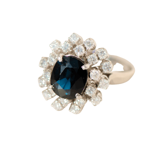 Bague 53 Bague vintage - Saphir bleu ovale et diamants en or blanc 14K 58 Facettes