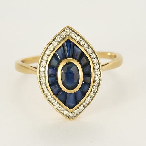 Bague 62 Bague navette en or jaune, diamants et saphirs calibrés 58 Facettes DINA0288X2