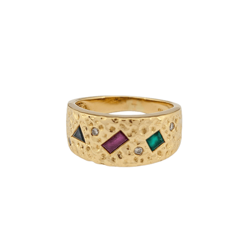Bague 52.5 Bague Art déco en or jaune 18 carats avec rubis, émeraude, saphir et diamants 58 Facettes 32597