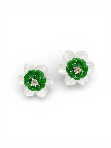 Boucles d'oreilles Boucles d’oreilles fleurs en or jaune, cristal de roche, jade et diamant 58 Facettes