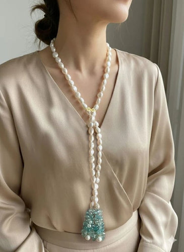 Collier Collier cravate en or jaune avec perles, fluorites et diamants 58 Facettes