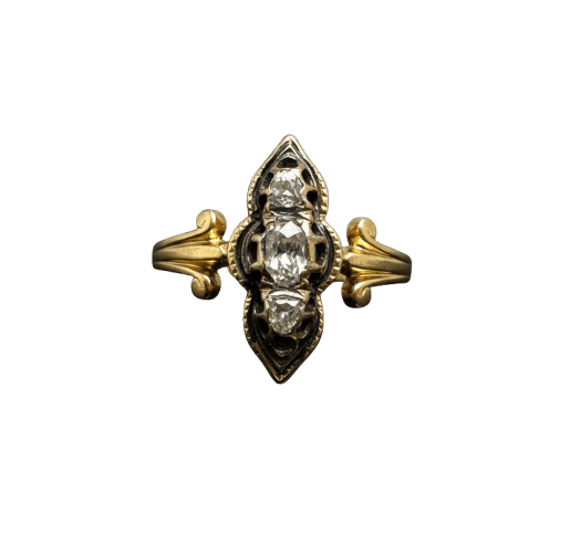 Bague Bague victorienne - Diamants taille rose et émail noir en or jaune 14 carats 58 Facettes