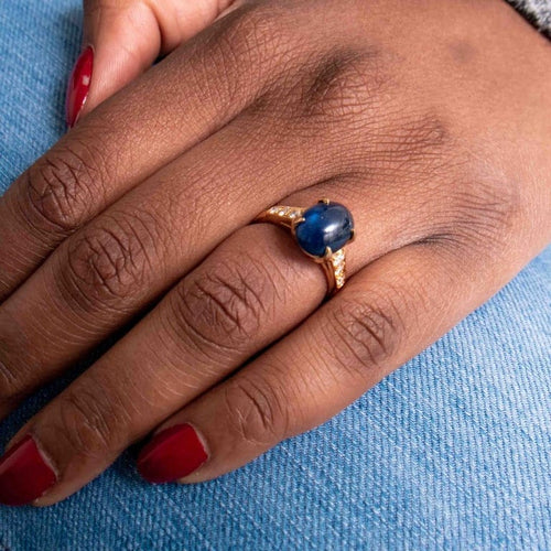 Bague 52 Bague saphir cabochon en or jaune 18k et diamants 58 Facettes ALGU02