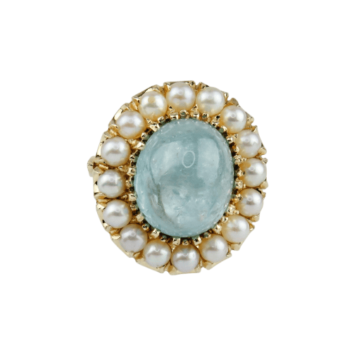 Bague 53.5 Bague vintage en or jaune 14 carats avec aquamarine et perles 58 Facettes 1996