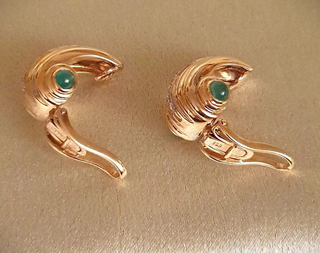 Boucles d'oreilles CLIPS OR JAUNE - 1 LIGNE DE DIAMANTS et 2 CABOCHONS d'EMERAUDES 58 Facettes R 1631 Maee