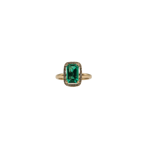 Bague 50 Bague solitaire or jaune 18 carats sertie d’une émeraude synthétique et halo de diamants laboratoires 58 Facettes