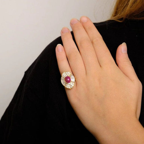 Bague 45 Bague - Rubis cabochon en or jaune 18k et diamants 58 Facettes ALGU21