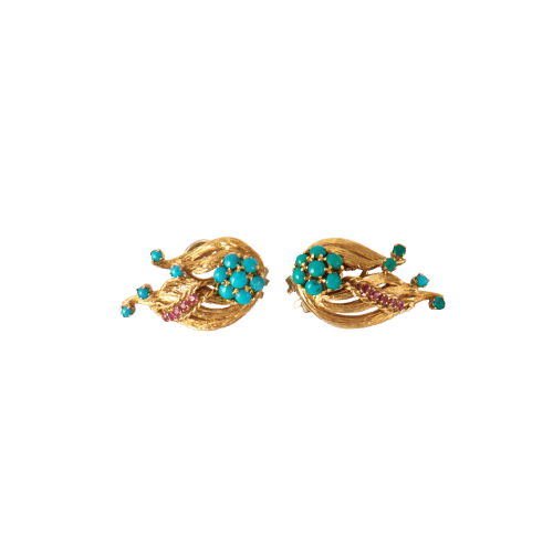 Boucles d'oreilles Boucles d'oreilles clip flamme en or jaune 18k et turquoises rubis 58 Facettes ALGU11