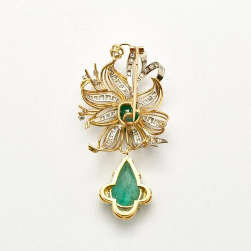 Pendentif Broche pendentif florale en or jaune et émeraudes, diamants 58 Facettes