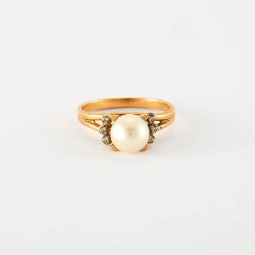 Bague 56.5 Bague en or jaune, diamants & perle 58 Facettes
