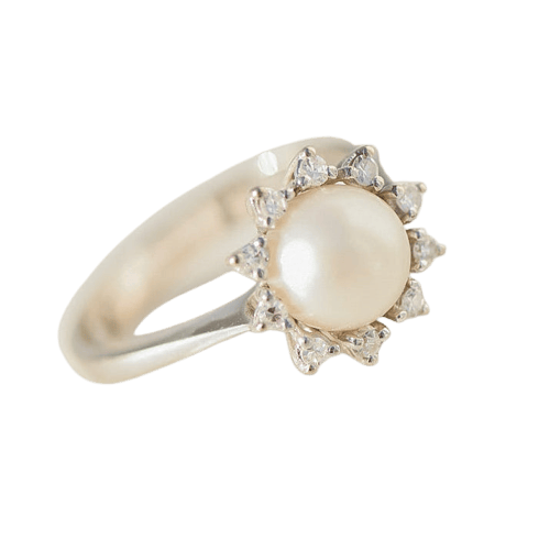 Bague 54 Bague vintage en or blanc 14 carats avec perle Mabé et diamants 58 Facettes
