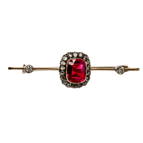 Broche Broche antique en or jaune 18 carats avec rubis, saphirs et diamants 58 Facettes 2656