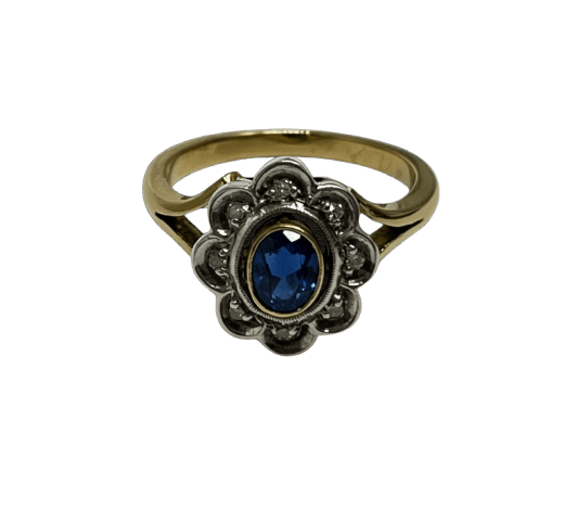 Bague Bague marguerite années 1930 en or jaune, saphir et diamants 58 Facettes