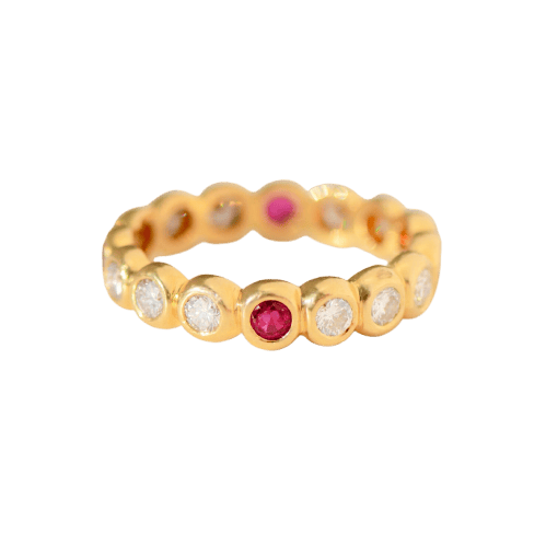 Bague 50 Memory - Bague alliance en or jaune 750 avec diamants et rubis 58 Facettes