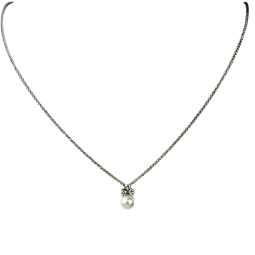Collier Chaîne en or blanc 18 carats avec pendentif perle et diamants 58 Facettes 2251