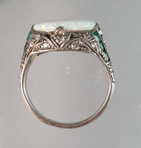 Bague 55 Bague Art Déco Argent Opale Emeraude Diamants 58 Facettes