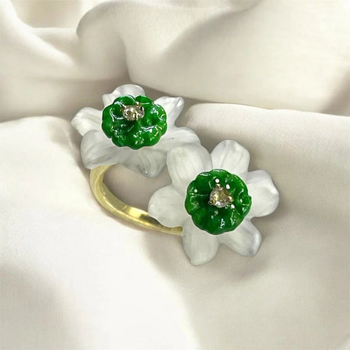 Bague 55 Bague fleur en or jaune avec cristal de roche, jade et diamant 58 Facettes