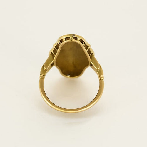 Bague 58.5 Bague en or jaune à motif de fleur stylisée, émail et turquoises 58 Facettes PRG2092