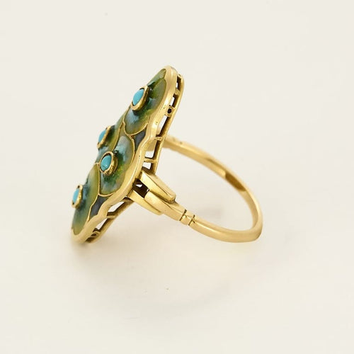 Bague 58.5 Bague en or jaune à motif de fleur stylisée, émail et turquoises 58 Facettes PRG2092