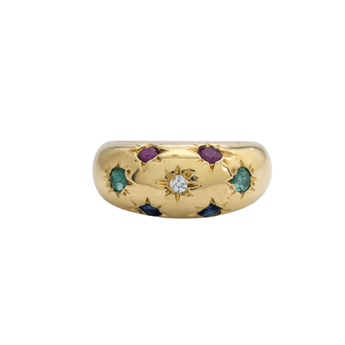 Bague 50 Bague étoiles en or jaune 18 carats avec diamants, rubis, émeraudes et saphirs 58 Facettes 33700