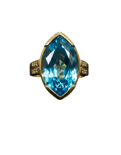 Bague 53 Bague - Topaze bleue taille marquise et diamants en or jaune 18 carats 58 Facettes