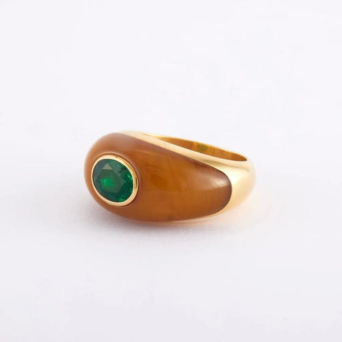 Bague 52 / Jaune / Or 750 Bague - Or émeraude et ambre 58 Facettes 120172R