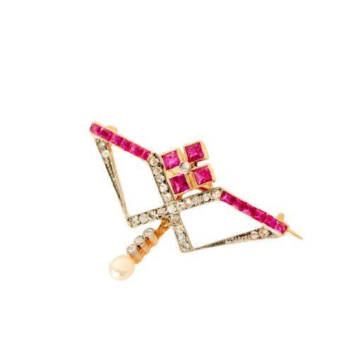 Montre Brosche antique en or jaune 750 avec rubis, diamants et perle 58 Facettes