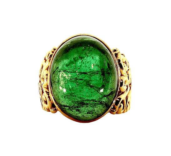 Bague 57 Bague en or jaune ornée tourmaline verte cabochon 58 Facettes AB314