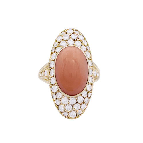 Bague 56 Bague navette en or jaune 18K, corail peau d’ange et diamants 58 Facettes 33265