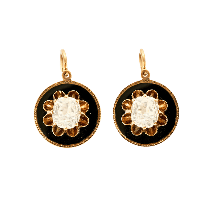 Boucles d'oreilles Paire de dormeuses Napoléon III Or Jaune Email Noir Pierres Blanches 58 Facettes