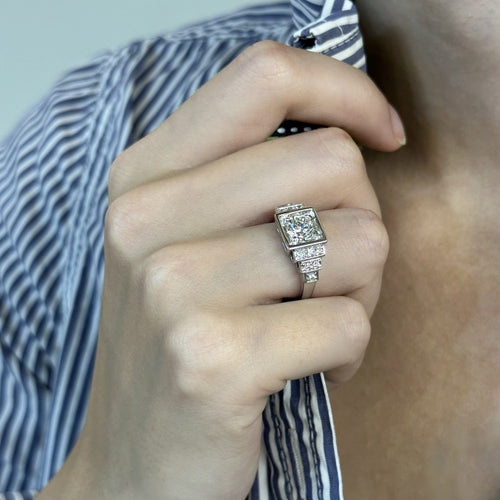 Bague 52 Solitaire style Art déco - Bague en or gris 18K et diamants, taille 52 58 Facettes FB09264-FB09217