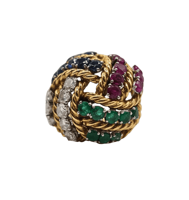 Boucheron - Bague Vintage diamants, saphirs, émeraudes et rubis, or jaune