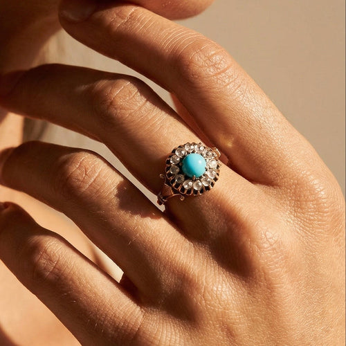 Bague 55 Bague Biedermeier - Bague en or jaune 14K avec turquoises et diamants 58 Facettes 3230-7